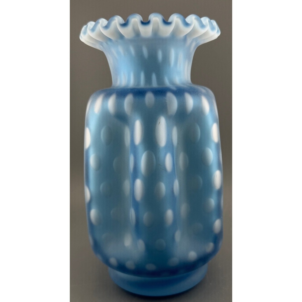 Vintage Fenton Vase Satin Blue Opalescent Optic Dot Pinch Crimped Rim 8"